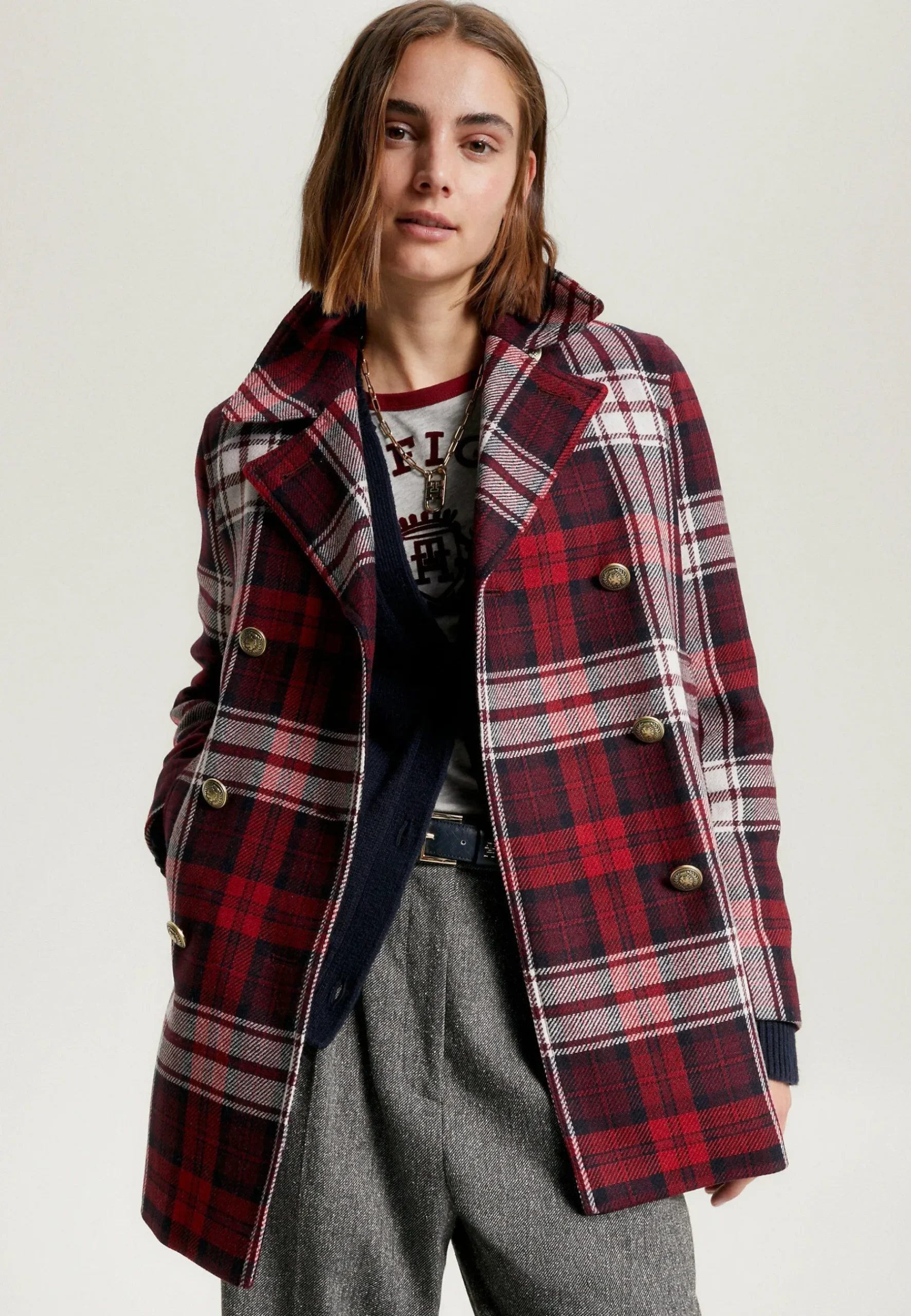 Prep Tartan Check Double Breasted Pea - Manteau Court|Tommy Hilfiger Fashion